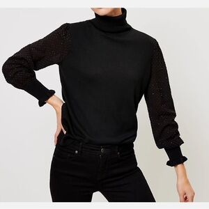 Loft- Lightweight Black Turtleneck Sweater with Textured Sleeves